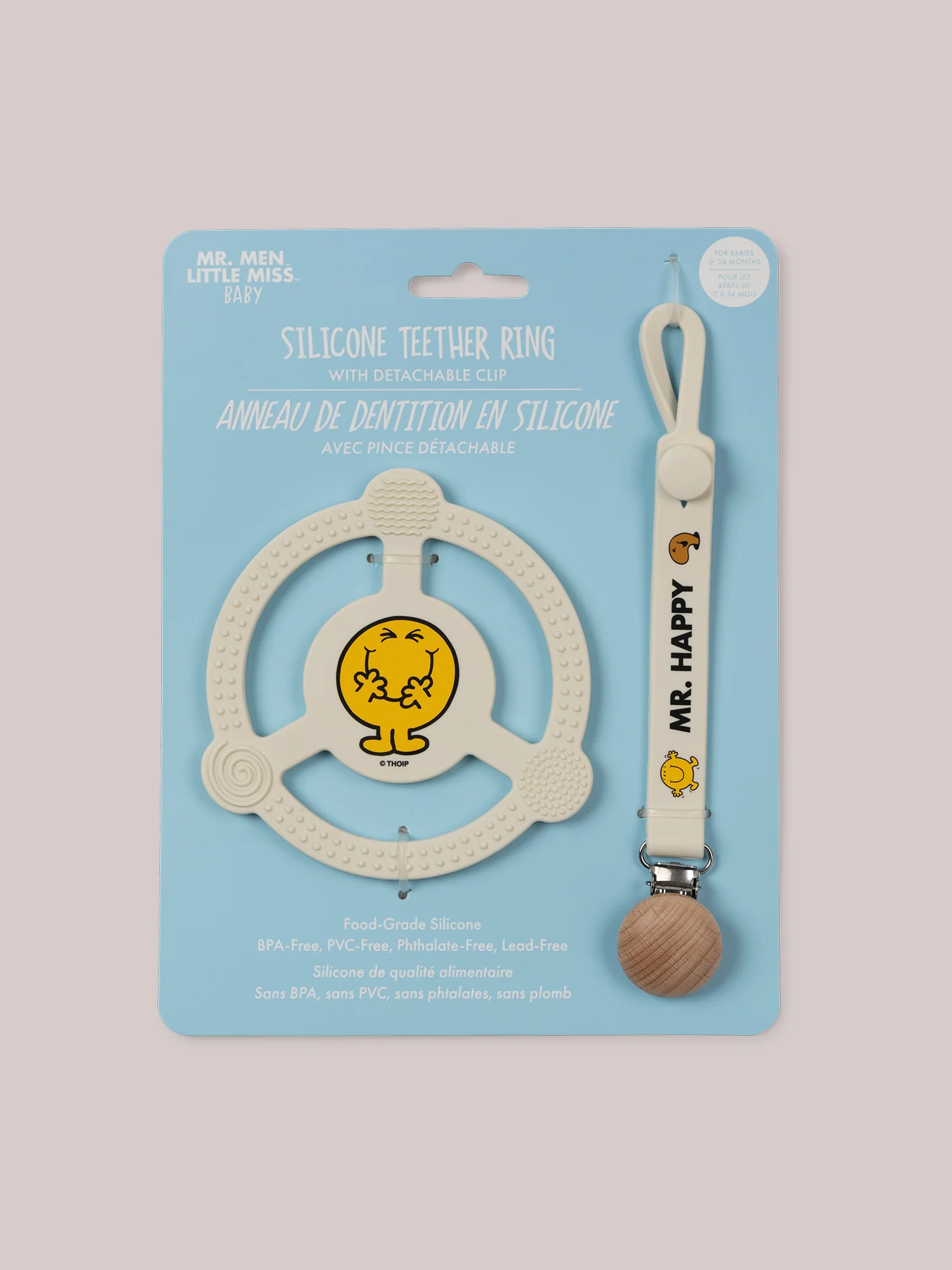 Silicone Teether Ring & Detachable Clip - Mr. Happy&trade;